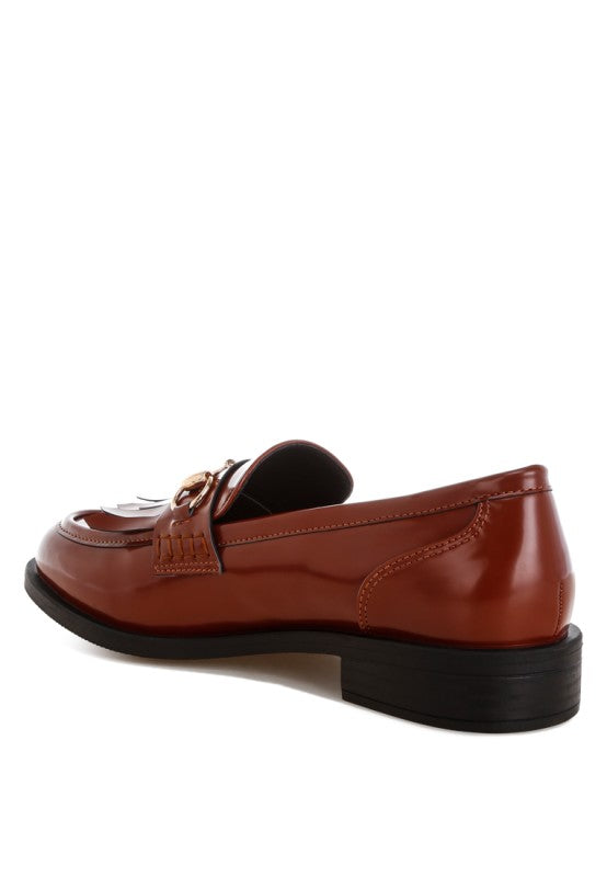 Cognac penny loafers with fringe strap and metal horsebit detail, low block heel