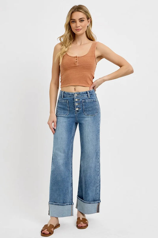 RISEN High Rise Ankle Wide Button Patch Pocket Cuffed Jeans - Tigbul's Variety Fashion Shop