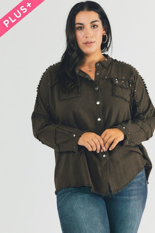 Plus Distressed hem button down oversize shirt - Tigbul's Variety Fashion Shop