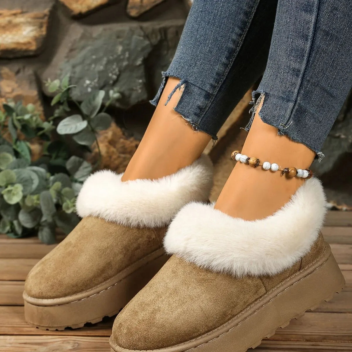Fuzzy Trim Round Toe Platform Boots - Tigbul's Variety Fashion Shop