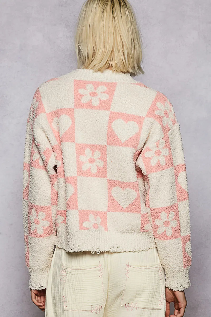 POL V-Neck Heart Pattern Checkered Sweater - Tigbul's Variety Fashion Shop