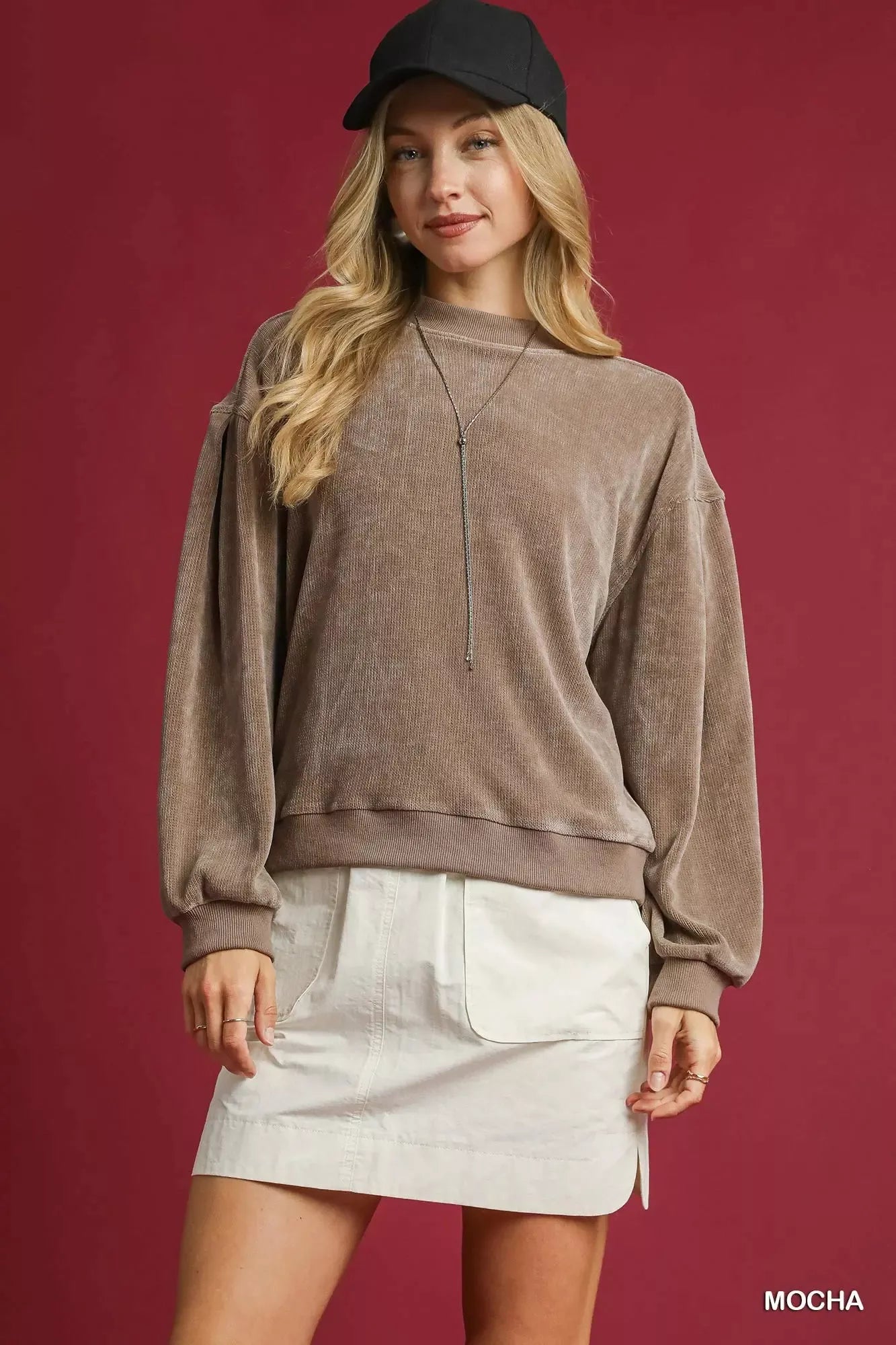 Umgee Velour Crewneck Balloon Sleeve Sweatshirt - Tigbul's Variety Fashion Shop