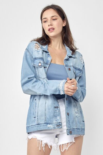 Light Blue Distressed Long Sleeve Denim Jacket Small-3XL | Tigbuls