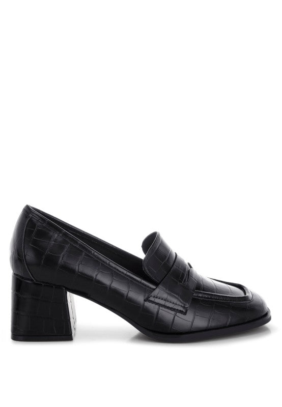Block Heel Penny Strap Black Loafers | Tigbuls Variety Fashion