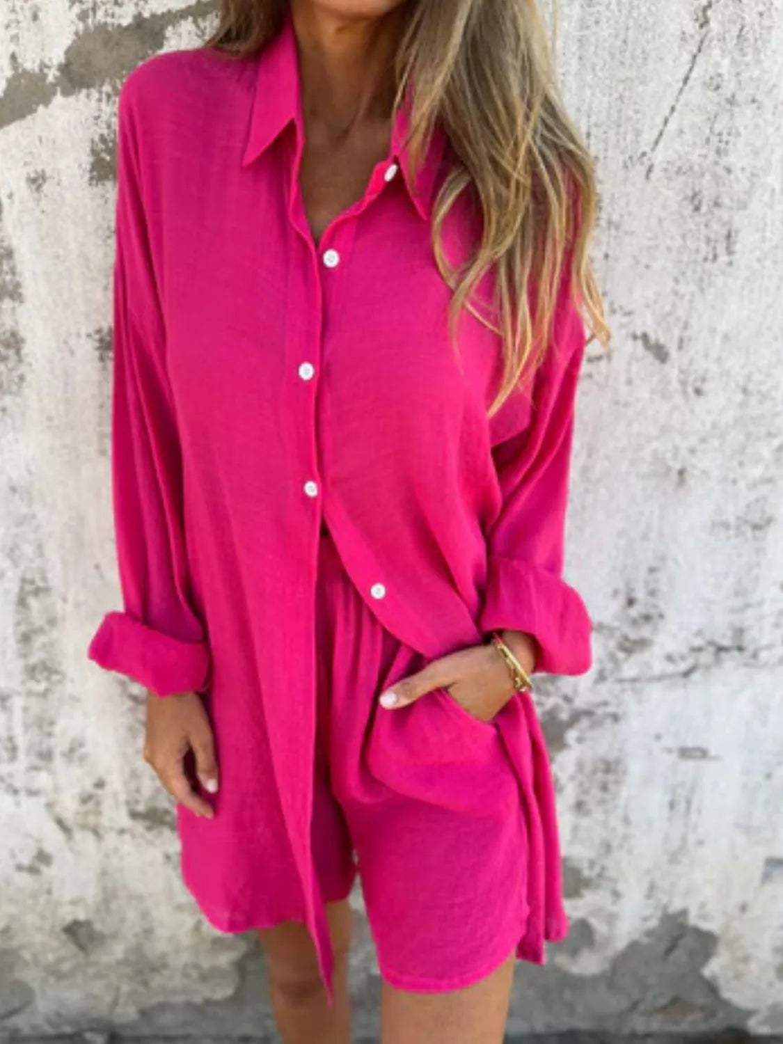 Pocketed Collared Neck Shirt and Shorts Set - Tigbul's Variety Fashion Shop