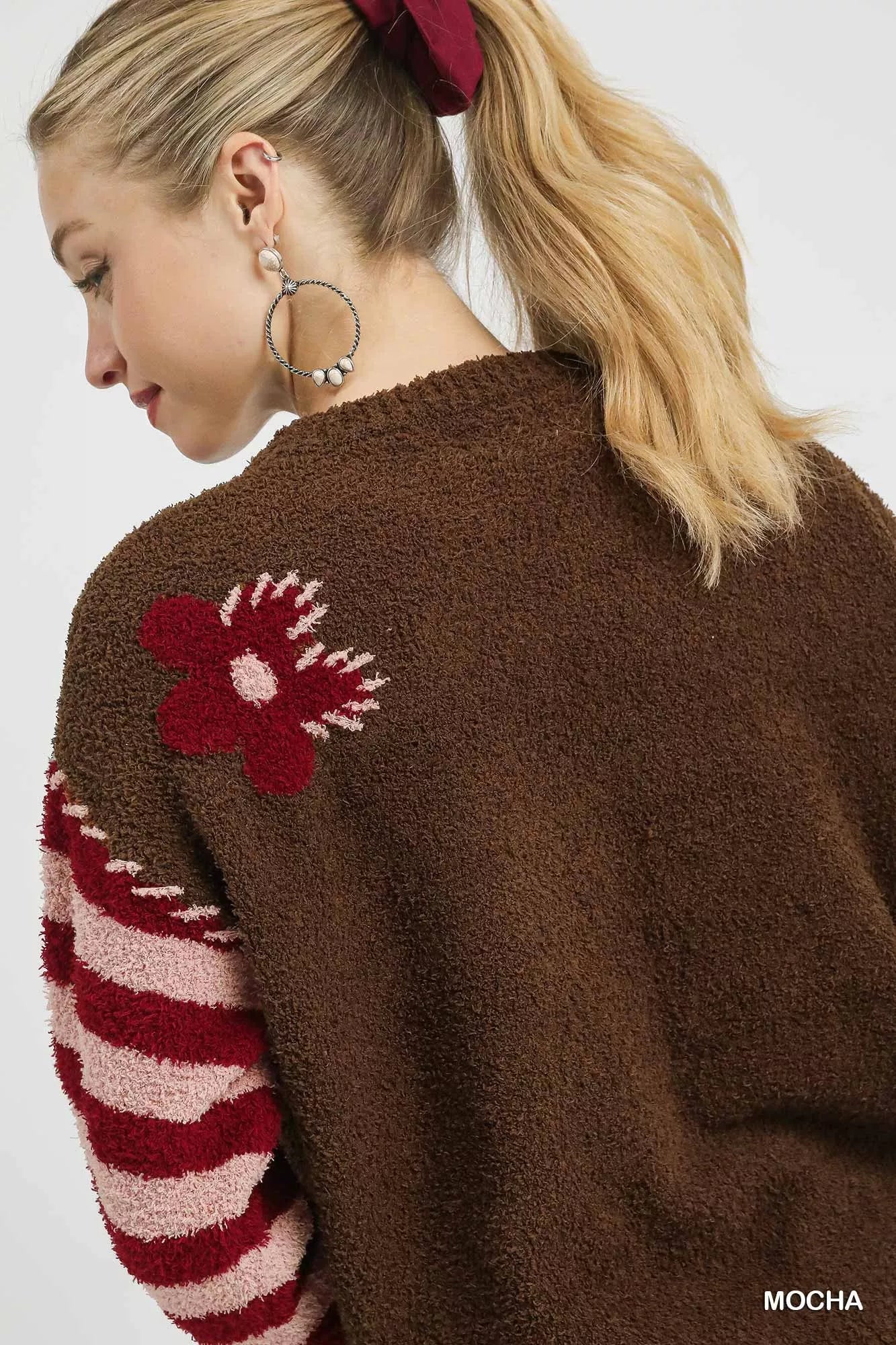 Umgee Flower Jacquard Striped Long Sleeve Sweater - Tigbul's Variety Fashion Shop