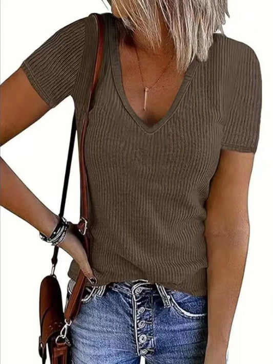 Solid V-Neck Short Sleeve T-Shirt - Tigbul's Variety Fashion Shop