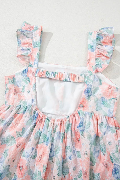 Pink Floral Colorblock Flutter Straps Flowy Dress - Tigbul's Variety Fashion Shop