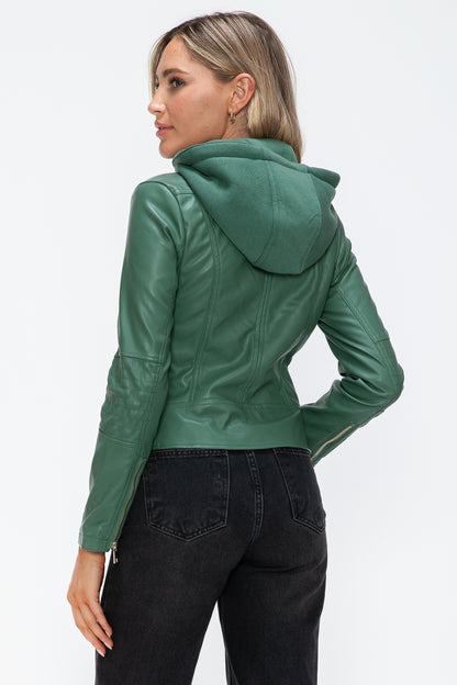 Faux Leather Zip Up Drawstring Hooded Jacket in Sage Green