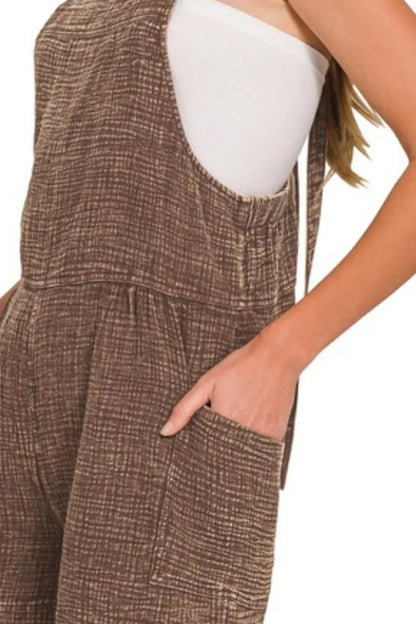 Brown Washed Double Gauze Tie Back Rompers - Tigbul's Variety Fashion Shop