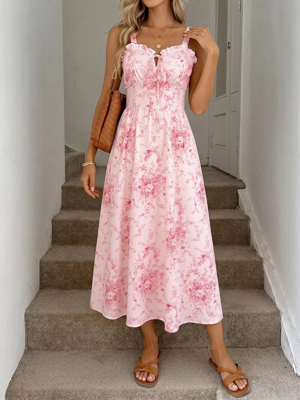 Pink floral print cami dress mid-length with frill trim and tie-front neckline