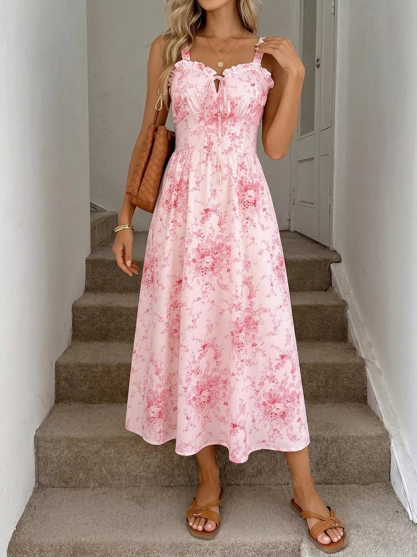 Pink floral print cami dress mid-length with frill trim and tie-front neckline