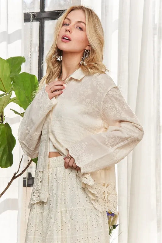 Beige Crochet Lace Long Sleeves Button Down Shirt - Tigbul's Variety Fashion Shop