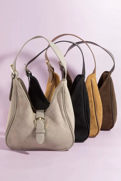 Fame Buckle Accent Faux Suede Hand Bag - Tigbul's Variety Fashion Shop