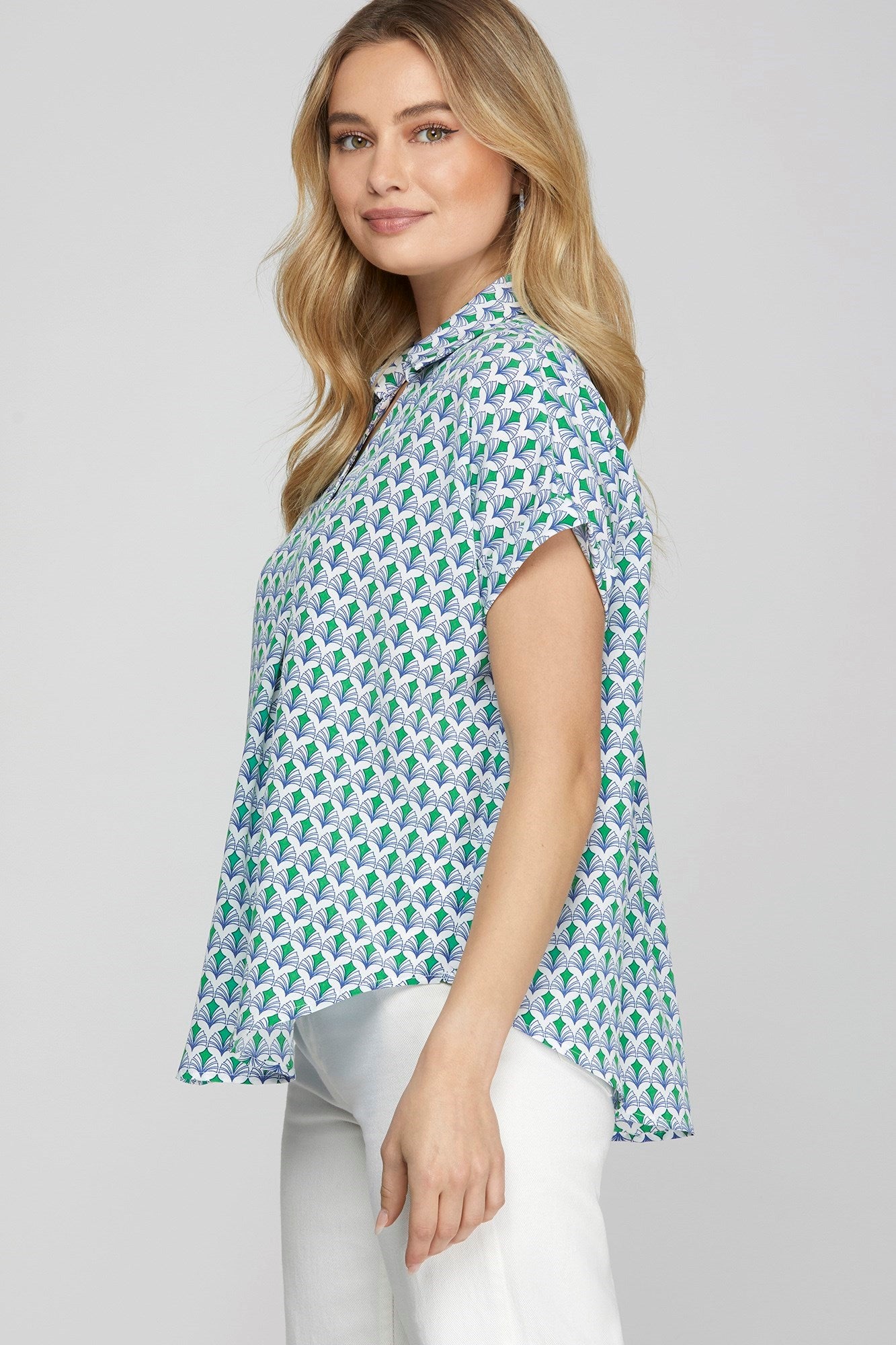 She + Sky Full Size Printed Johnny Collar Short Sleeve Blouse Plus Size - Tigbul's Variety Fashion Shop