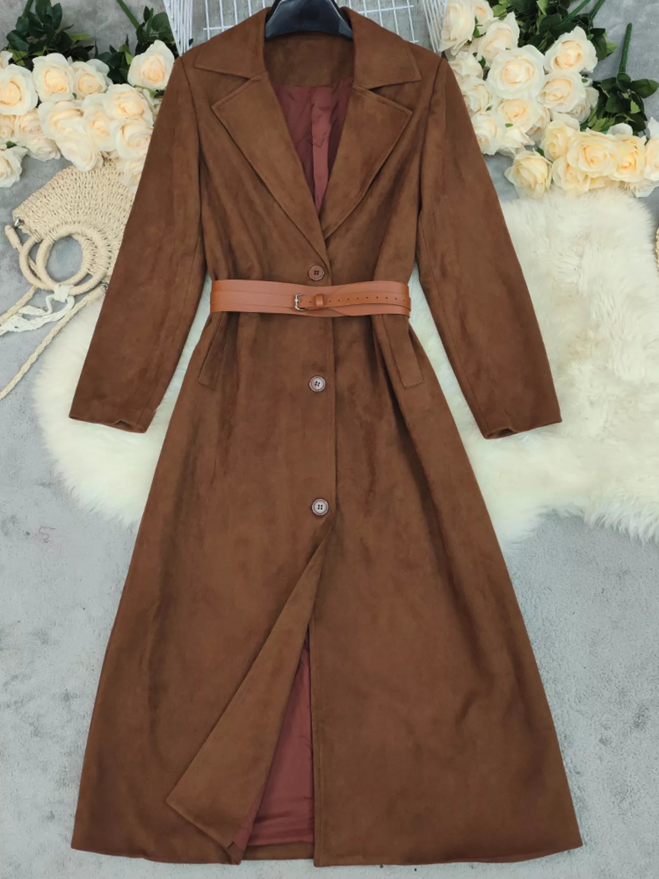 Lapel Collar Longline Coat Khaki Outerwear | Tigbuls Variety Fashion