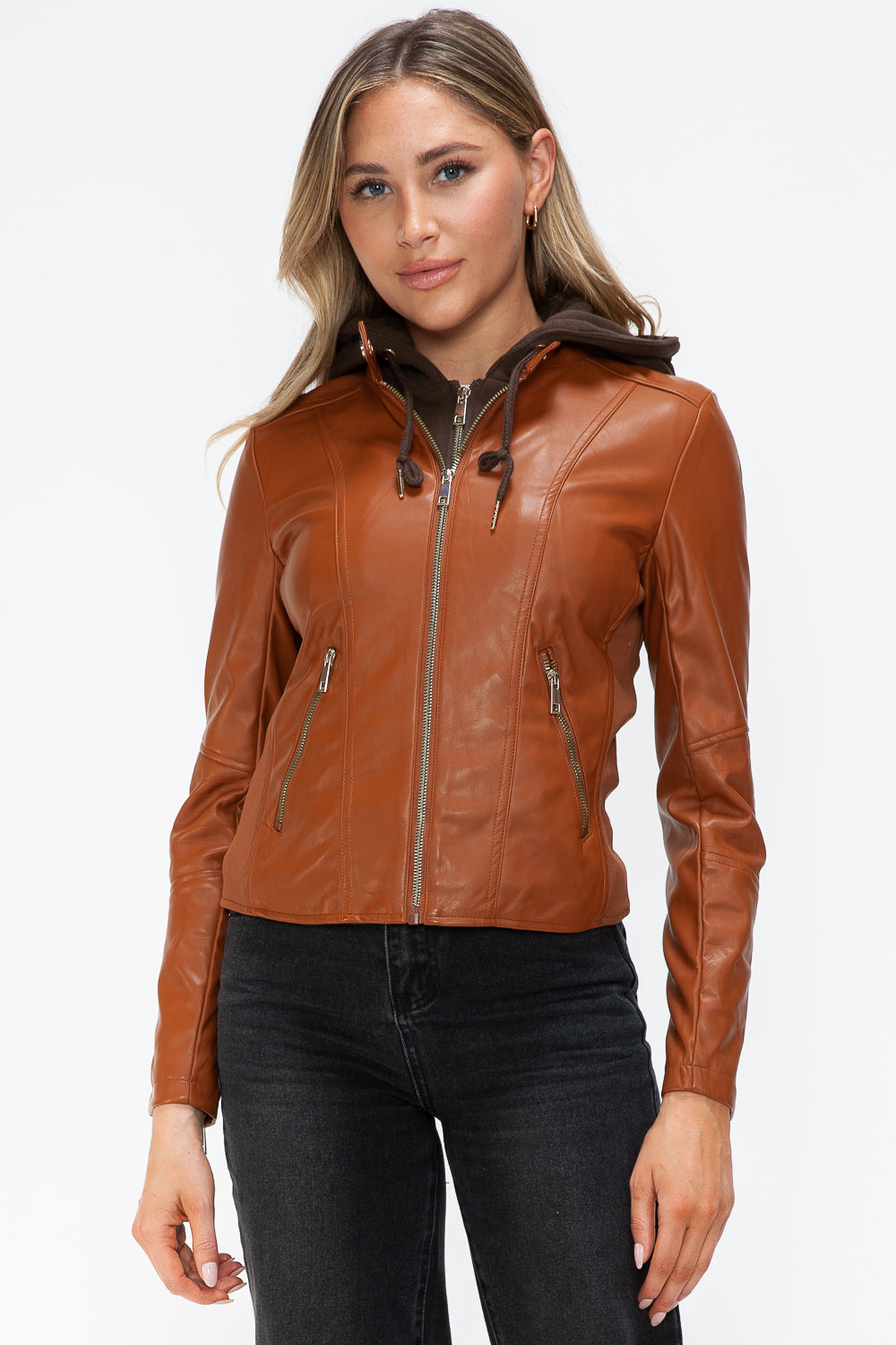 Faux Leather Zip Up Drawstring Hooded Jacket in Camel