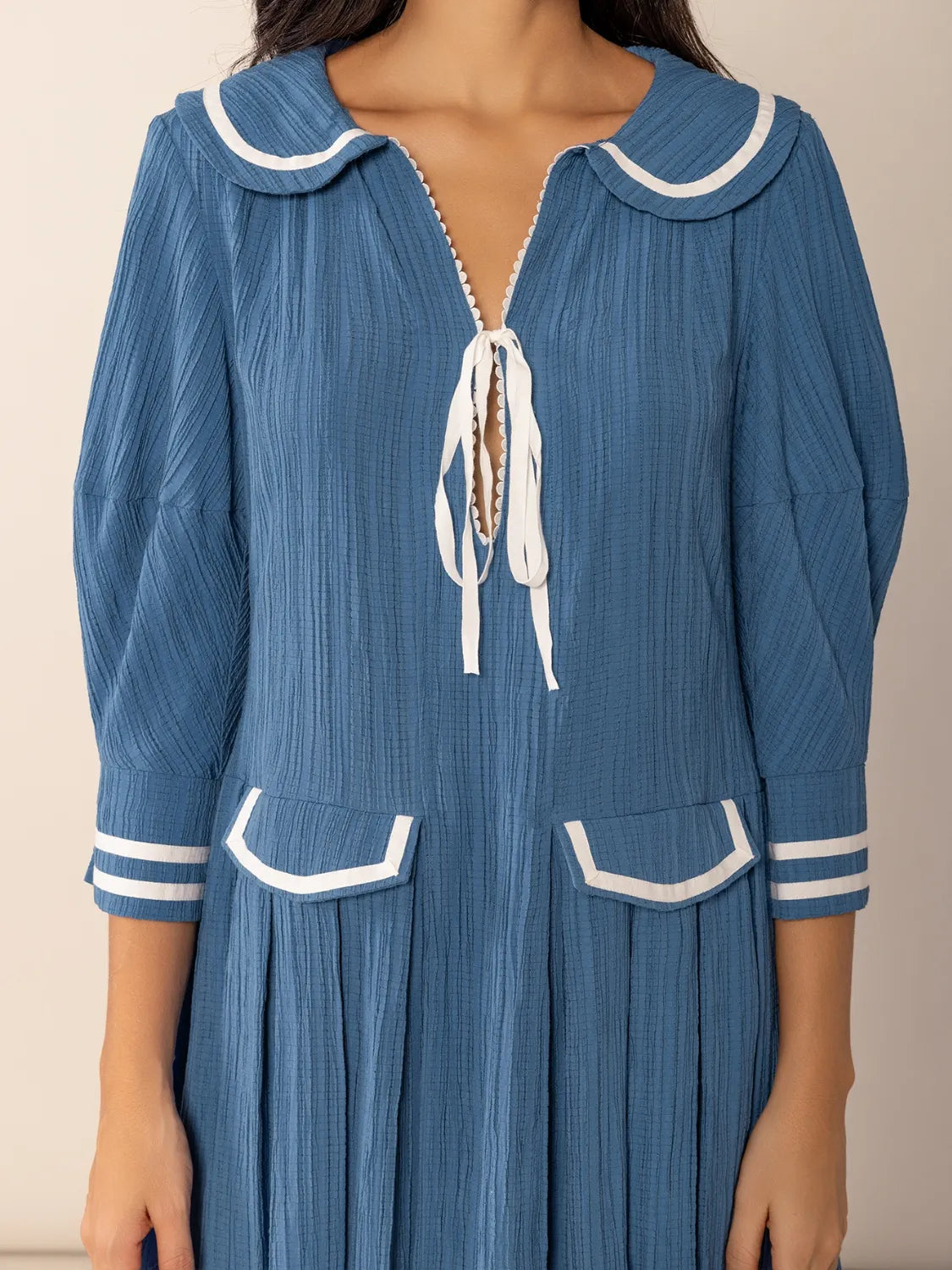 Tie Front Pleated Three-Quarter Sleeve Blue Mini Dress - Tigbul's Variety Fashion Shop