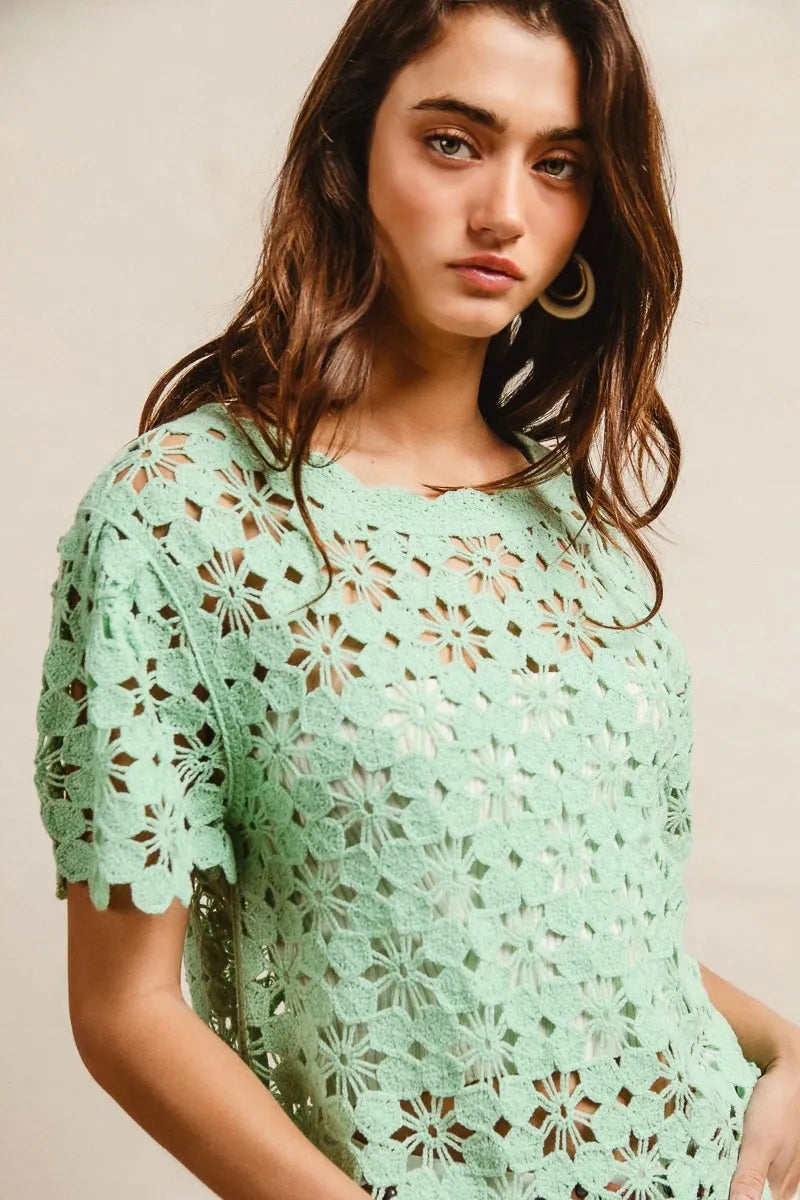 BiBi Openwork Crochet Short Sleeve Knit Top - Tigbul's Variety Fashion Shop