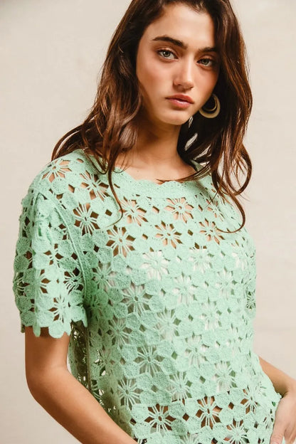 BiBi Openwork Crochet Short Sleeve Knit Top - Tigbul's Variety Fashion Shop