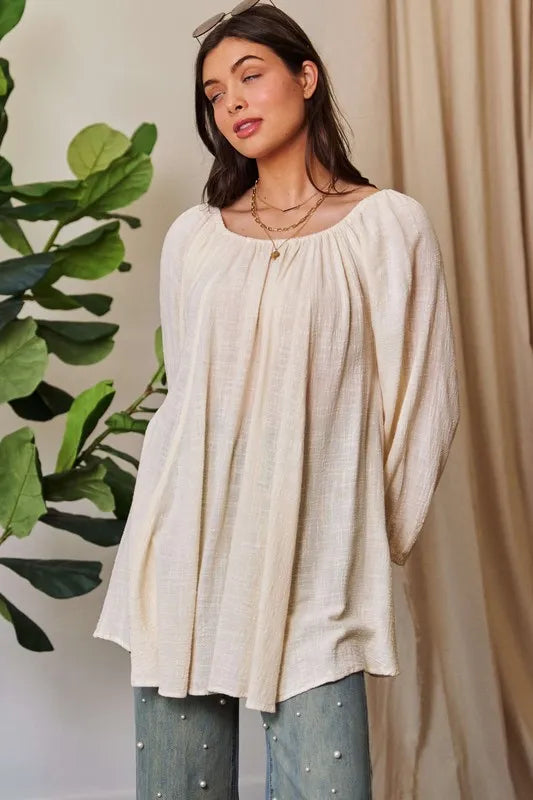 White Crinckled Texture Fabric Round Neck Swing Top - Tigbul's Variety Fashion Shop