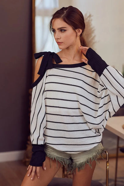 Stripe Yarn Dye Waffle One Shoulder Ribbon Detail Top - Tigbul's Variety Fashion Shop