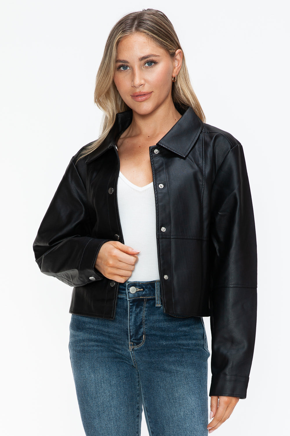 Black Snap Down Long Sleeve PU Leather Jacket