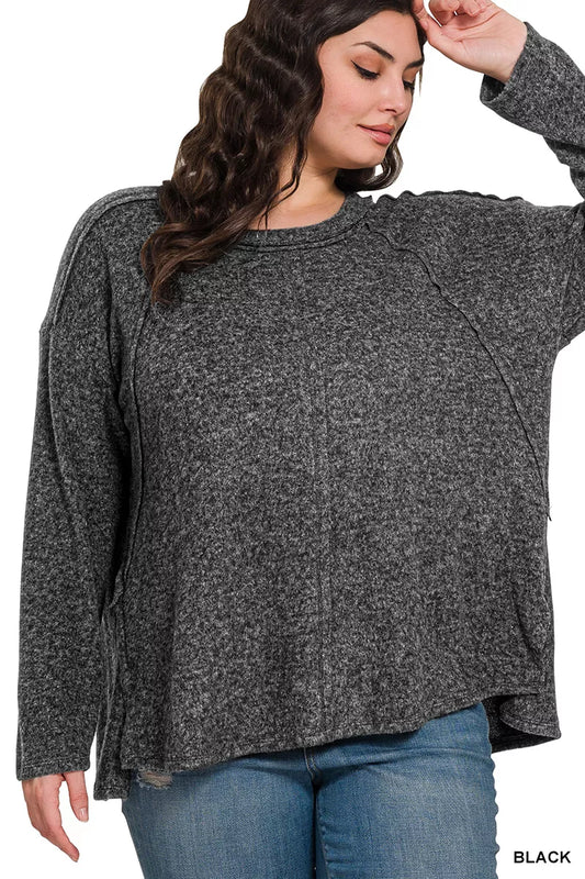 Zenana Full Size Brushed Hacci Exposed Seam Hi Low Sweater Plus Size - Tigbul's Variety Fashion Shop