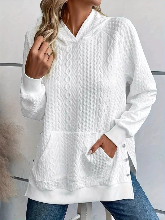 Cable Texture Hoodie with Side Button - Tigbul's Variety Fashion Shop