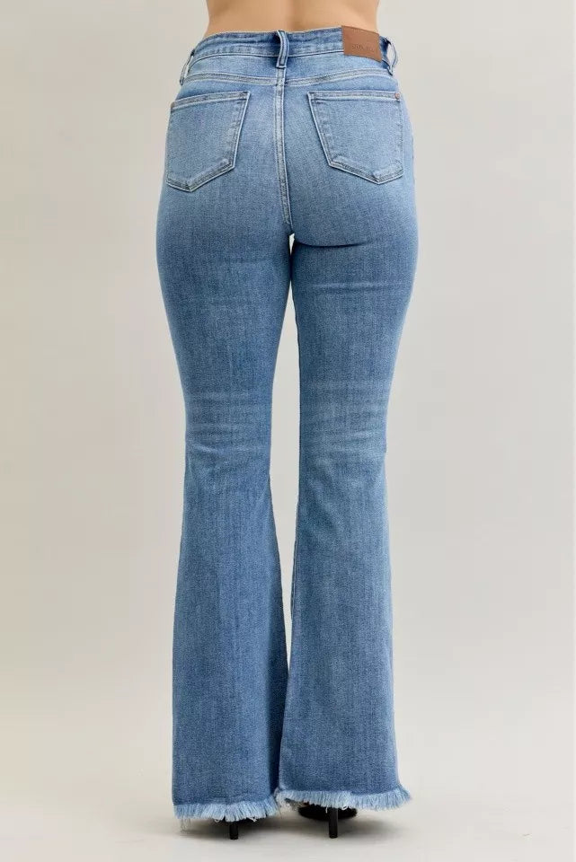 Judy Blue High Waist Flare Fray Hem Jeans with Front Pintuck Detail - Tigbul's Variety Fashion Shop