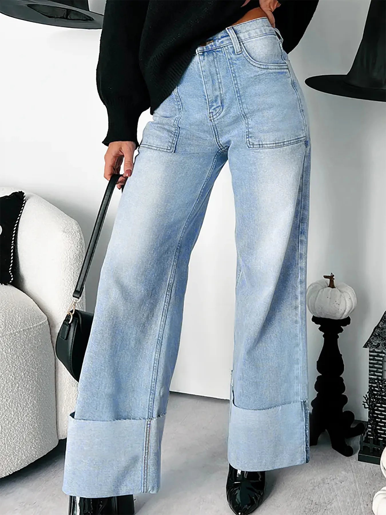 High-Waisted Wide-Leg Jeans with Cuffed Hem - Tigbul's Variety Fashion Shop