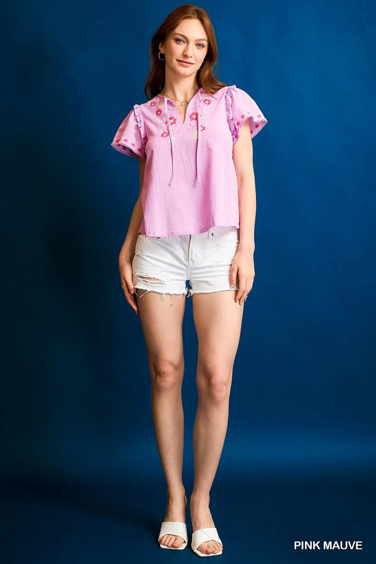 Umgee Floral Embroidered Tie Neck Short Sleeve Blouse - Tigbul's Variety Fashion Shop