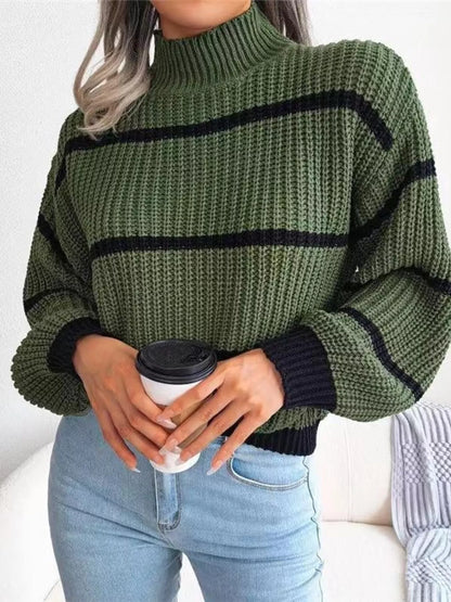 Full Size Striped Mock Neck Knit Sweater Plus Size - Tigbul's Variety Fashion Shop