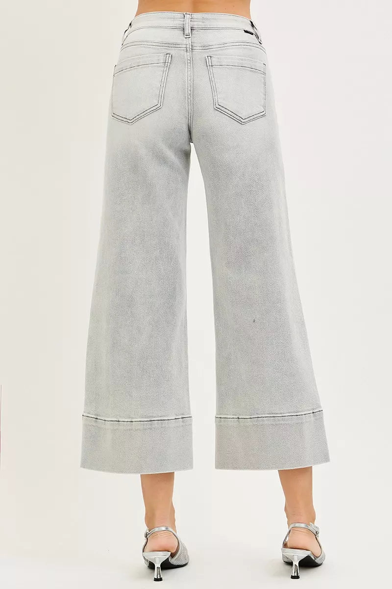 Tummy Control Mid Rise Crop Wide Leg Light Gray Jeans - Tigbul's Variety Fashion Shop