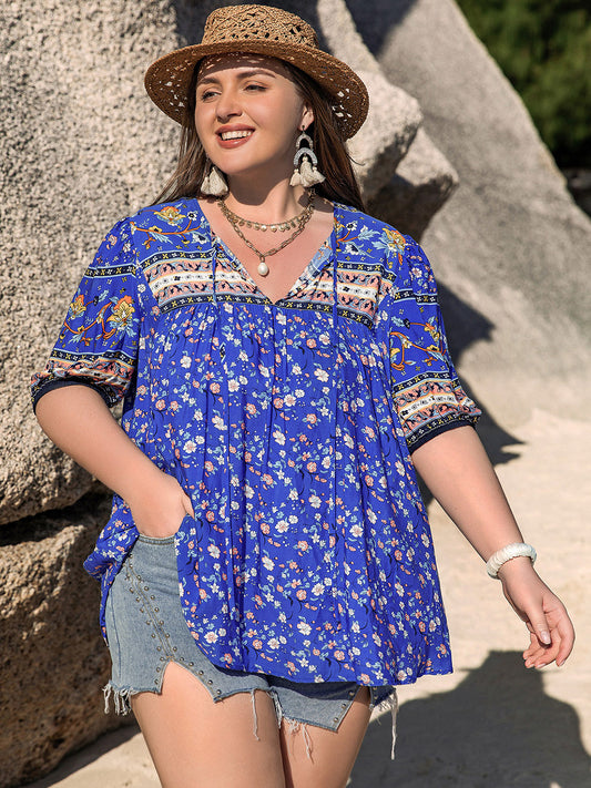 Plus Size Printed Tie Neck Half Sleeve Blouse - Tigbul's Variety Fashion Shop