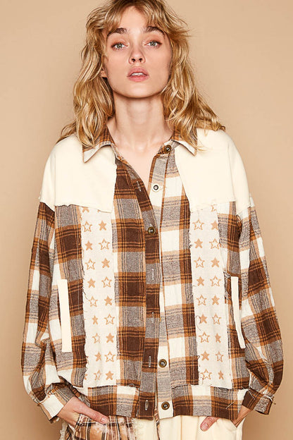 POL Plaid & Star Patchwork Contrast Long Sleeve Shacket - Tigbul's Variety Fashion Shop