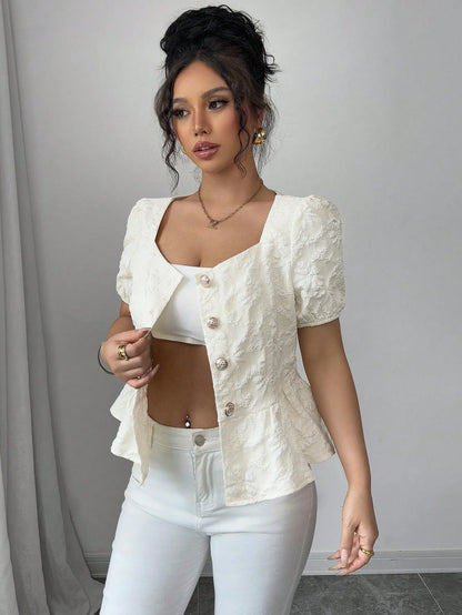 Peplum Button-Front Blouse - Tigbul's Variety Fashion Shop