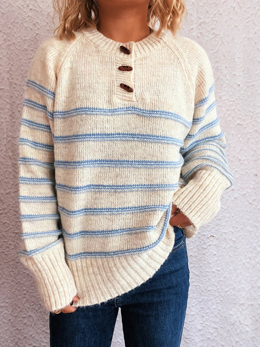 Striped Button Detail Long Sleeve Sweater - Tigbul's Variety Fashion Shop