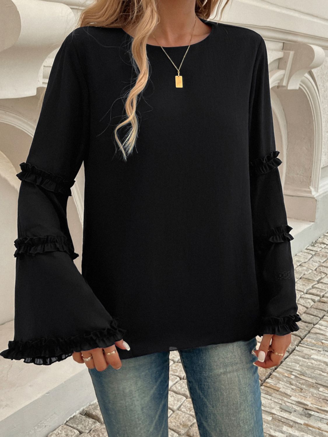 Devine Frill Round Neck Long Sleeve Top - Tigbul's Variety Fashion Shop