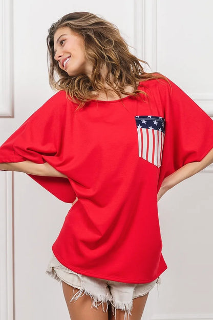 Red French Terry With Front Pocket Dolman Sleeves Top - Tigbul's Variety Fashion Shop