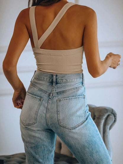 Asymmetrical Back Ribbed Crop Tank Top - Tigbul's Variety Fashion Shop