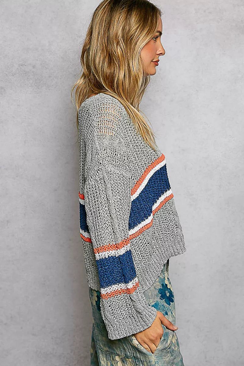 V-Neck Striped Pattern Cropped Knit Top with Cable Knit Detail - Tigbul's Variety Fashion Shop