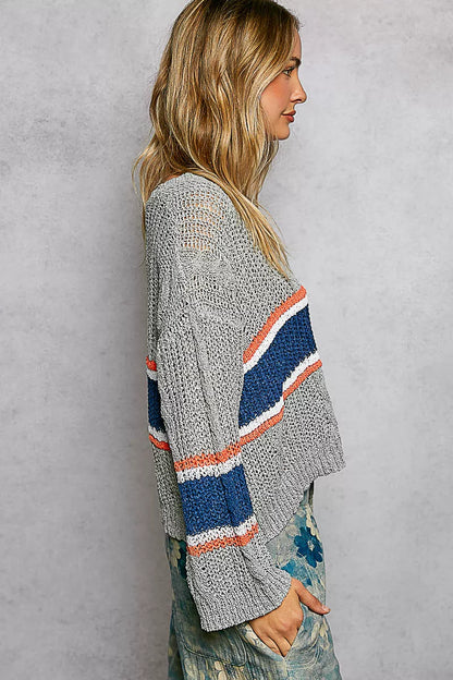 V-Neck Striped Pattern Cropped Knit Top with Cable Knit Detail - Tigbul's Variety Fashion Shop