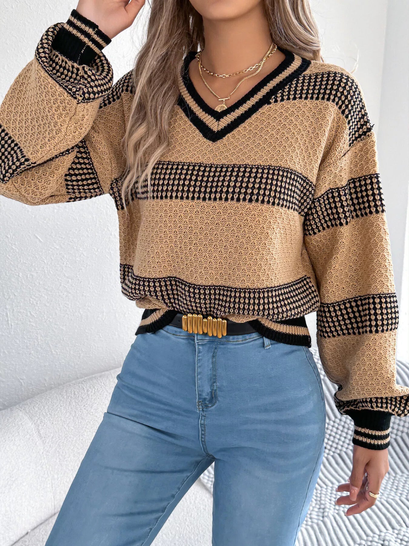 Contrast Striped V-Neck Sweater - Tigbul's Variety Fashion Shop