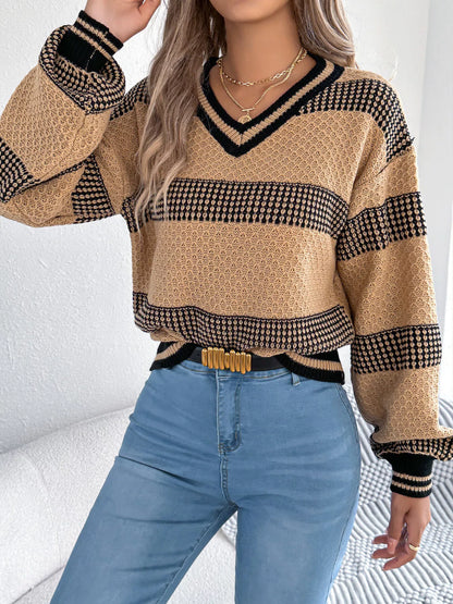 Contrast Striped V-Neck Sweater - Tigbul's Variety Fashion Shop