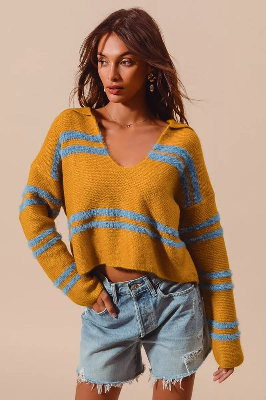 SO ME Fuzzy Hairy Stripe Deep U Neck Swetaer - Tigbul's Variety Fashion Shop