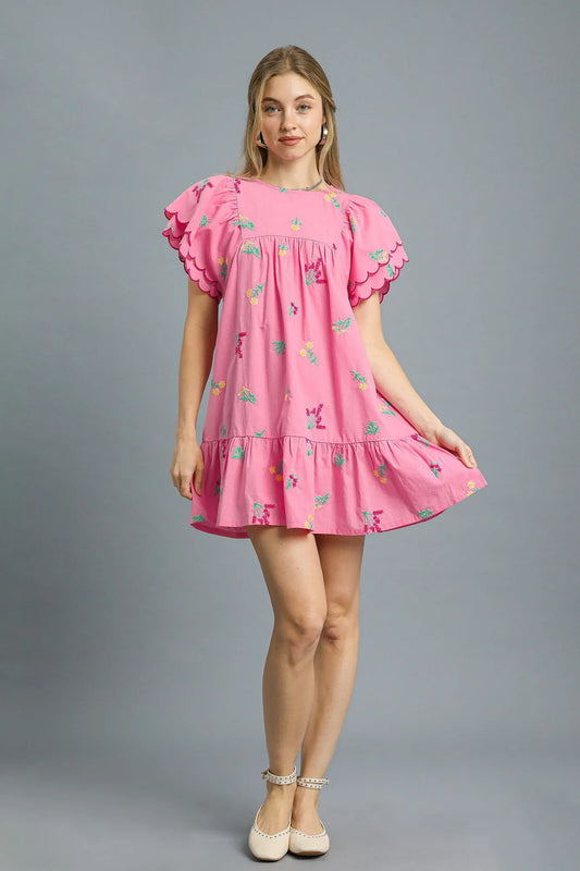 Umgee Floral Embroidered Short Sleeve Mini Dress - Tigbul's Variety Fashion Shop