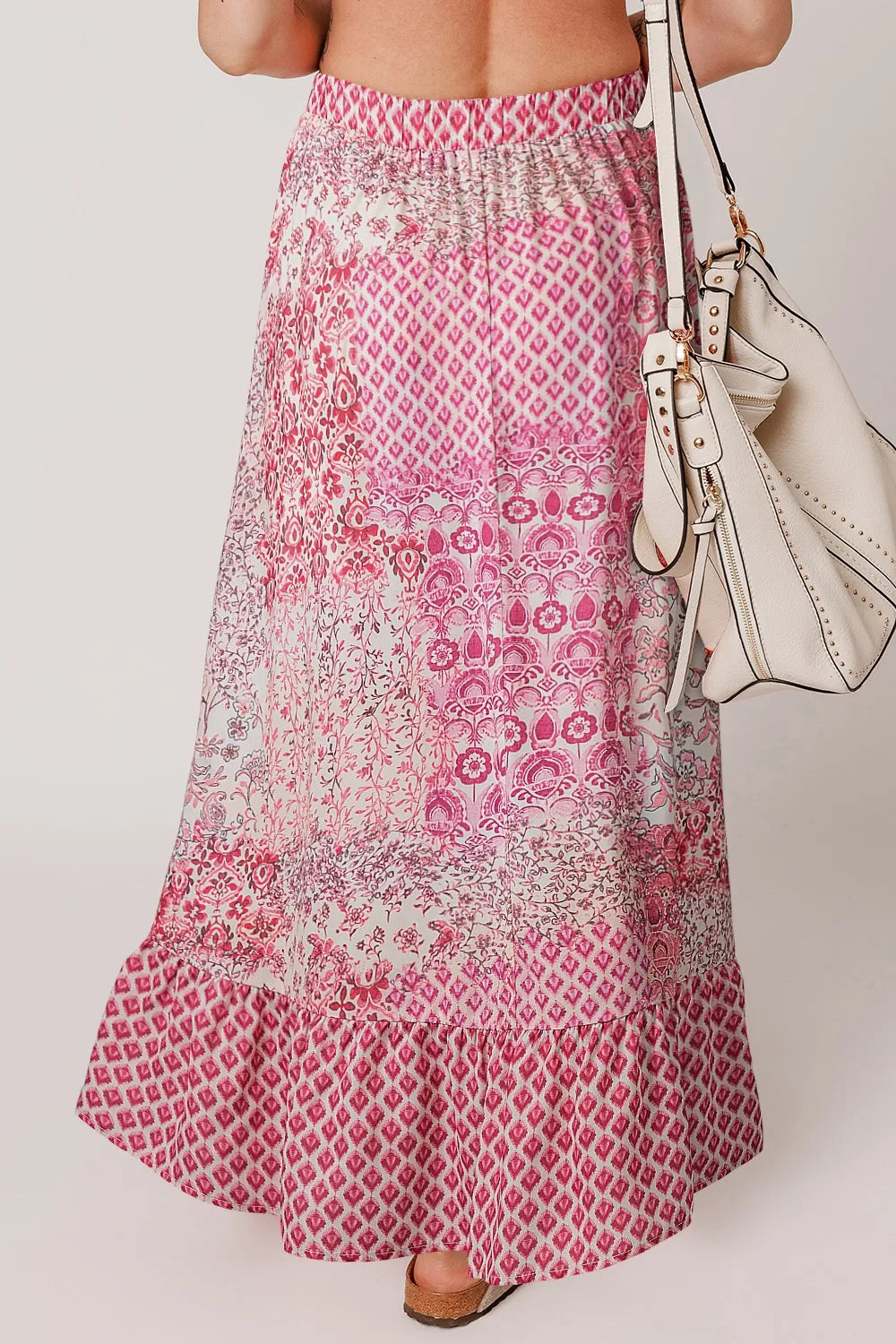 Printed Tassel Drawstring Pink High Waist Maxi Skirt - Tigbul's Variety Fashion Shop