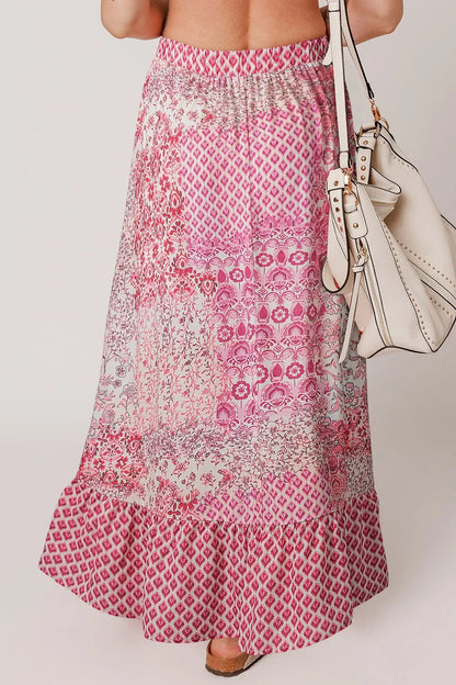 Printed Tassel Drawstring Pink High Waist Maxi Skirt - Tigbul's Variety Fashion Shop