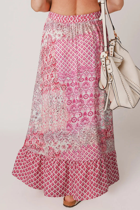Printed Tassel Drawstring Pink High Waist Maxi Skirt - Tigbul's Variety Fashion Shop